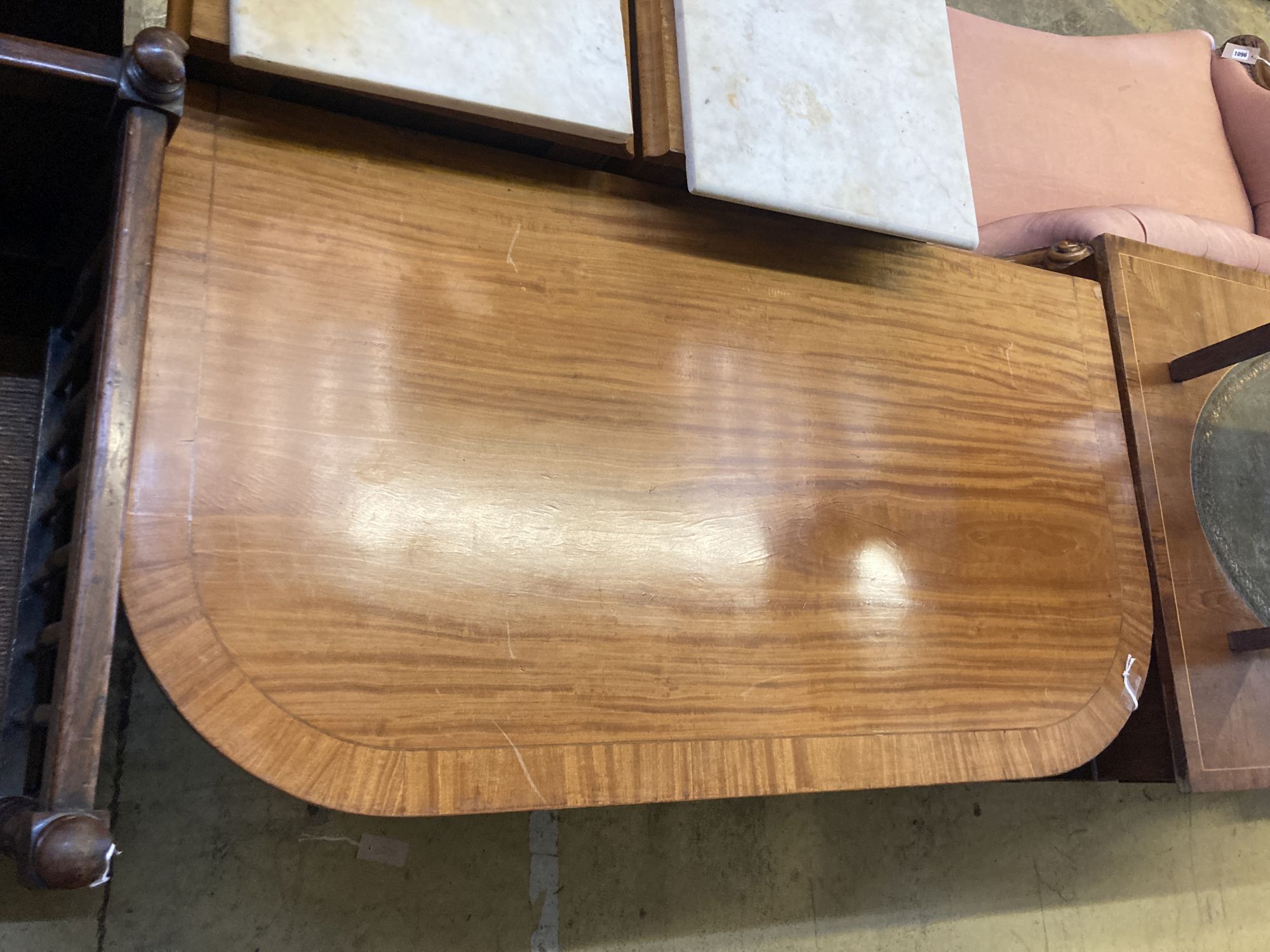 A Sheraton revival D end dining table, width 106cm, depth 60cm, height 75cm